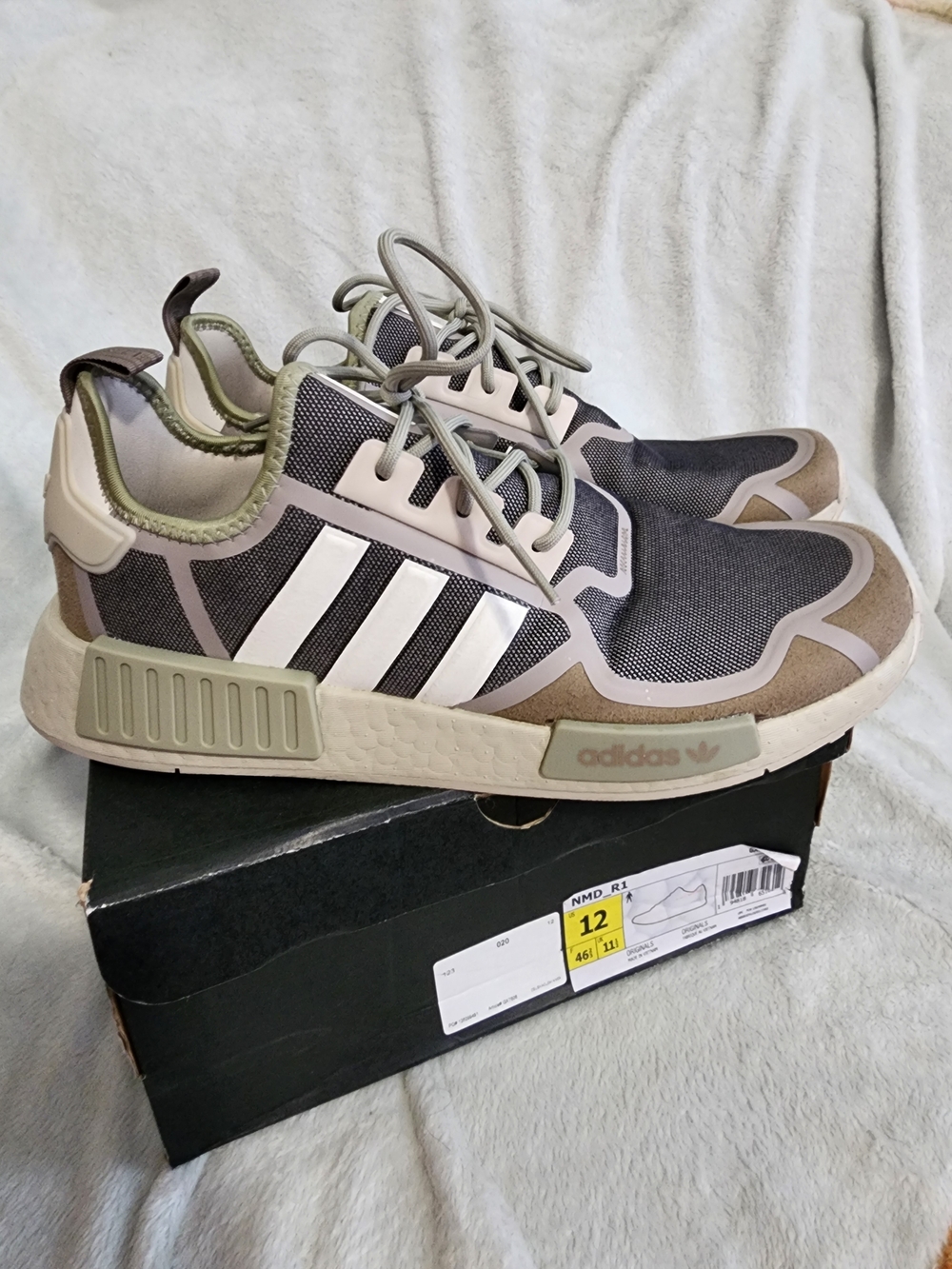 adidas NMD R1 Sneakers in Olive Green, Gray Khaki Tan and White